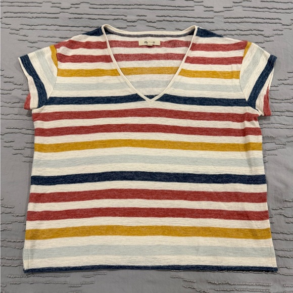 Madewell Skyline V-Neck Tee with Red, Blue, and Mustard Stripes EUC- worn once - Picture 5 of 11